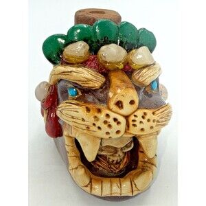 Vintage Mexican Folk Art Clay Pottery Aztec Jaguar/Skull Death Whistle Handmade